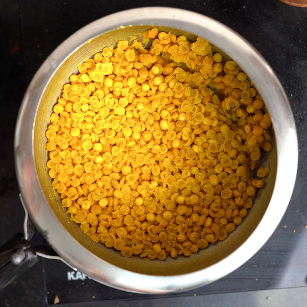 Channa Dal thats been pressure cooked inside a stove top pressure cooker