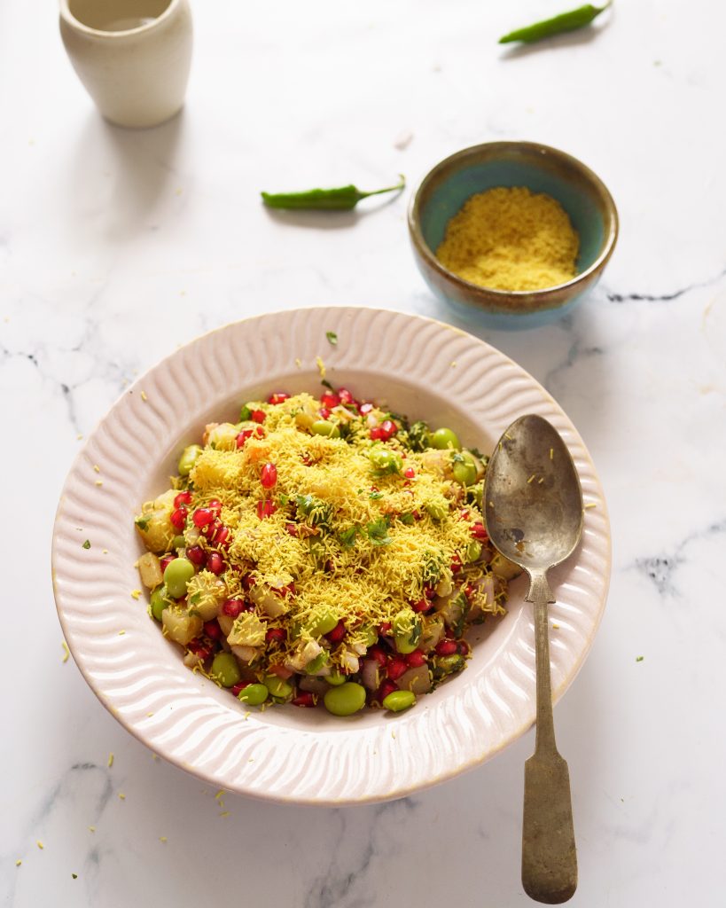 Edamame Chaat with pomegranate,boiled potatoes and sev
