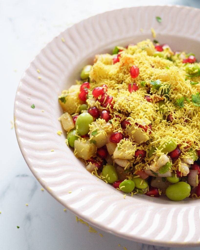 Edamame Chaat with pomegranate,boiled potatoes and sev