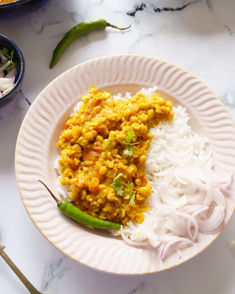 Chana Dal with Rice,onions and a chilli