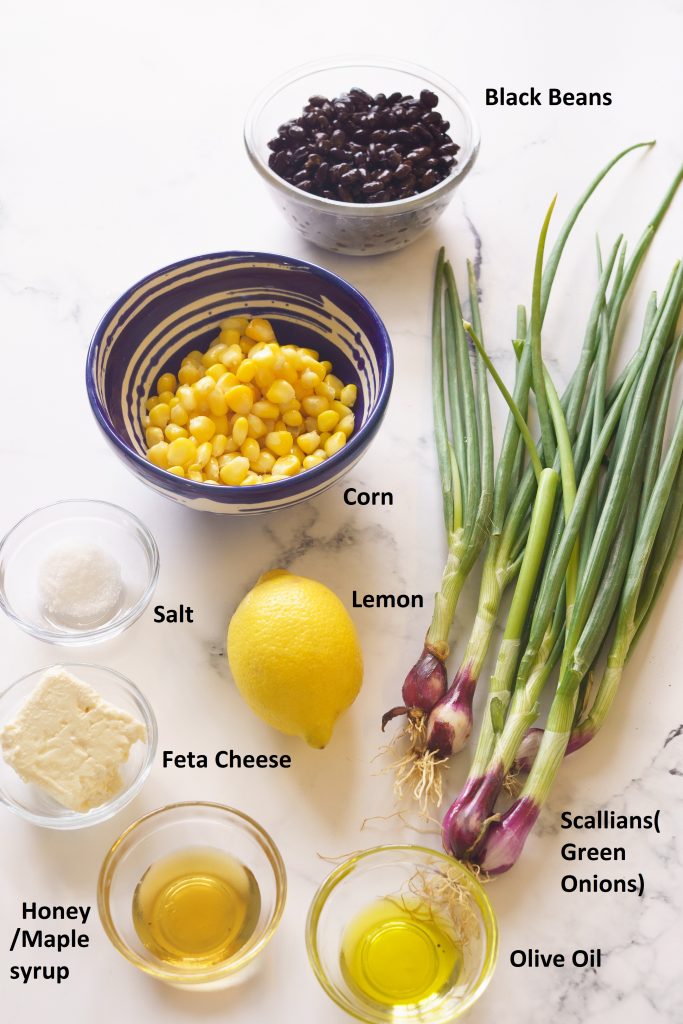 Ingredients for the black bean corn and feta dip 
Corn
Black Beans
Scallians or Green Onions
Feta
Olive Oil
Lemon
Honey or Maple Syrup
Salt