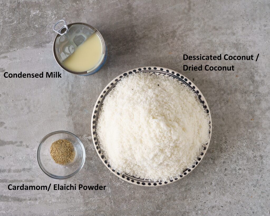 Ingredients needed to make the Coconut Ladoo - Desiccated Coconut, sweetened condensed milk and cardamom 