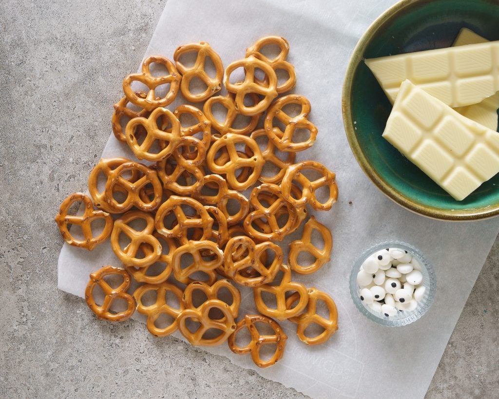 ingredients needed to make ghost pretzels- White Chocolate , Pretzels and candy eyes