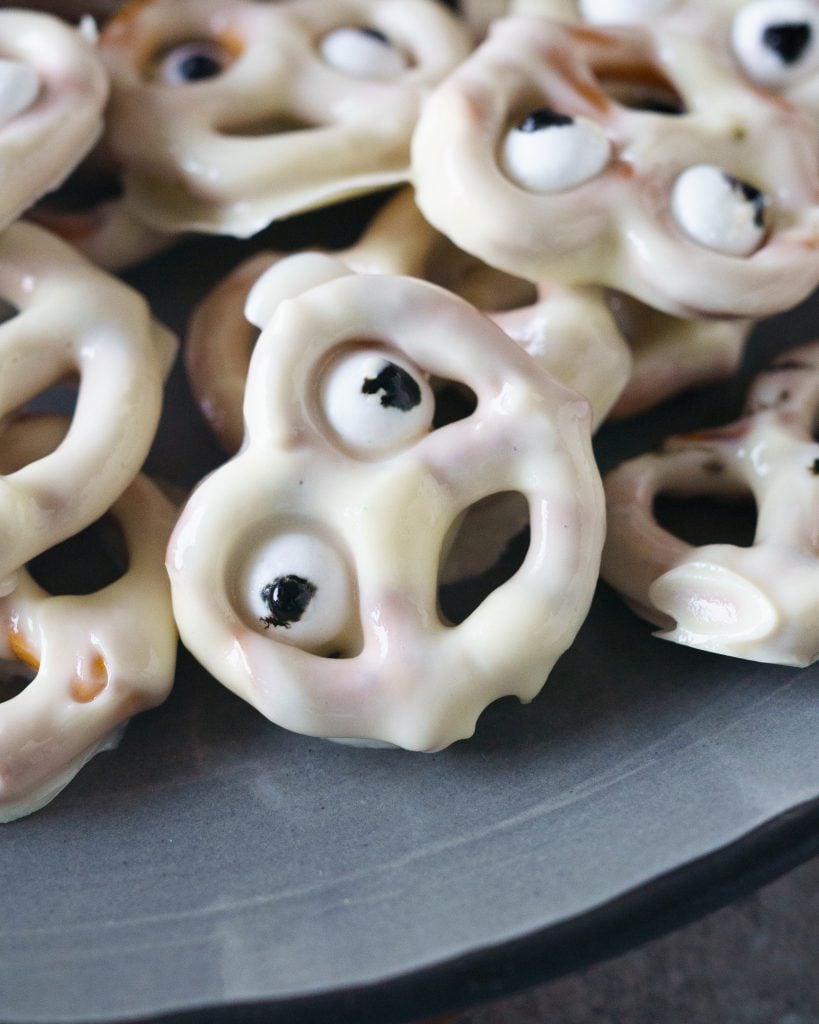 Close up of crying ghost pretzels 