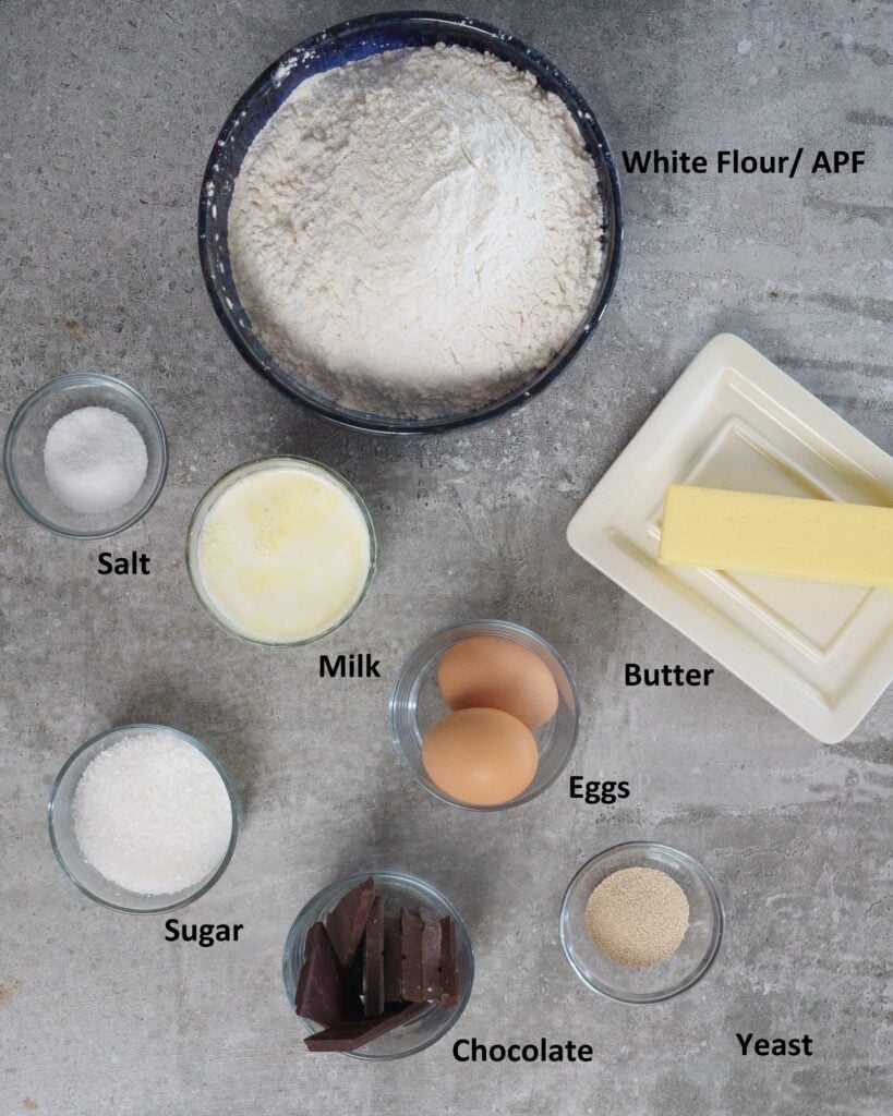 Ingredients needed to make a chocolate babka - flour, salt, milk, butter, eggs, sugar, chocolate and yeast