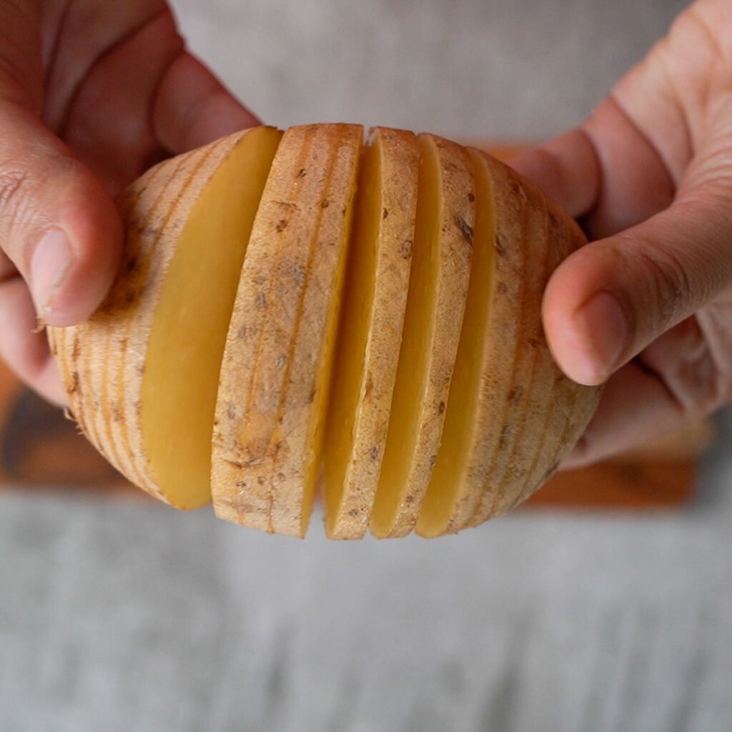 Fanned Potato slices of a hasselback cut potato