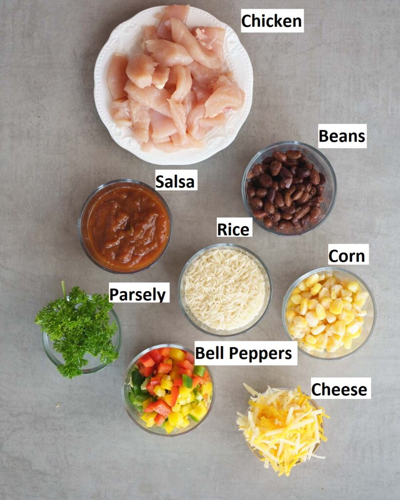 Ingredients for Mexican rice burrito bowl - 
White Rice
Store bought Salsa- whatever brand you like!
Veggies- Corn & bell peppers
Black Beans
Chicken Breast-sliced
Cheese- Mix of Monterey Jack Cheese  and Cheddar
Cilantro or any fresh herb