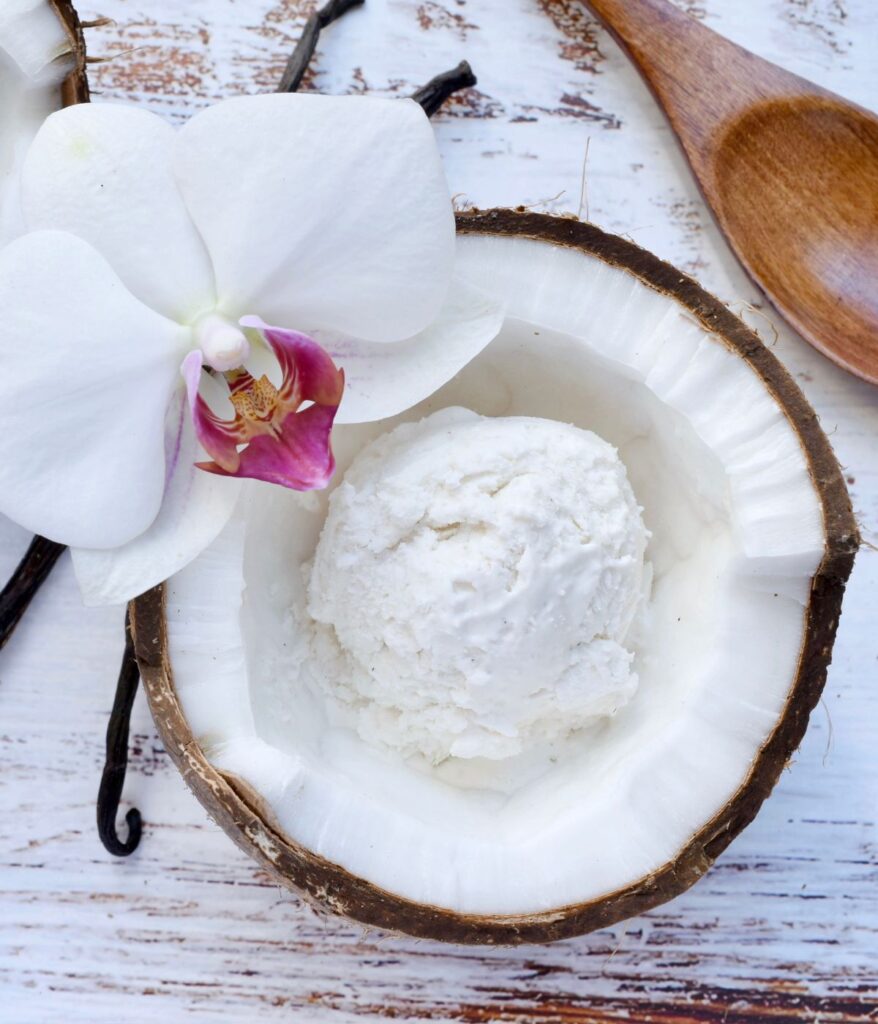 Coconut milk ice cream in a fresh coconut