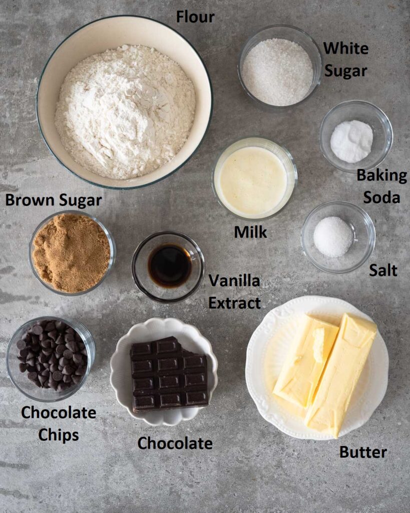Ingredients needed to make Eggless Chocolate Chip cookie with brown butter
Flour
Baking Powder
Butter
Salt
Brown Sugar
White Sugar
Milk - Dairy or Non Dairy
Vanilla Essence
