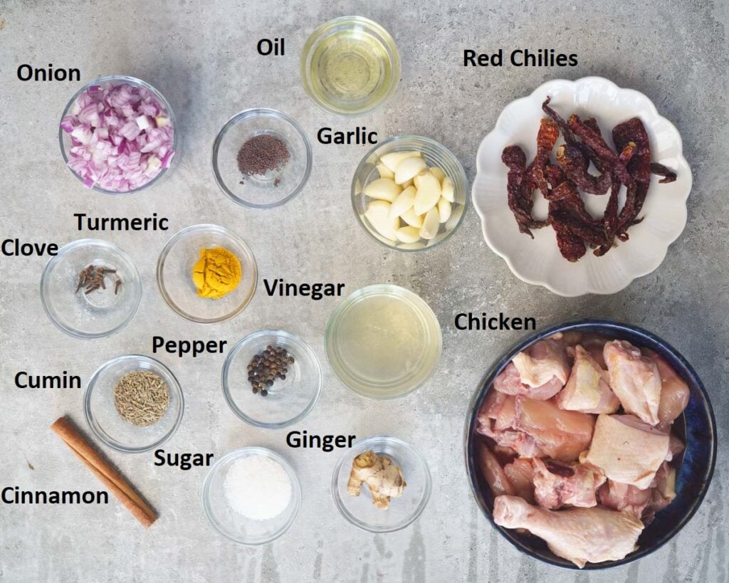 Ingredients needed to make goan chicken vindaloo
Chicken
Onion
Dried Red Chilies
Peppercorn or whole pepper
Turmeric
Cinnamon
Cloves
Sugar
Vinegar
Cumin
Ginger
Garlic
Garlic