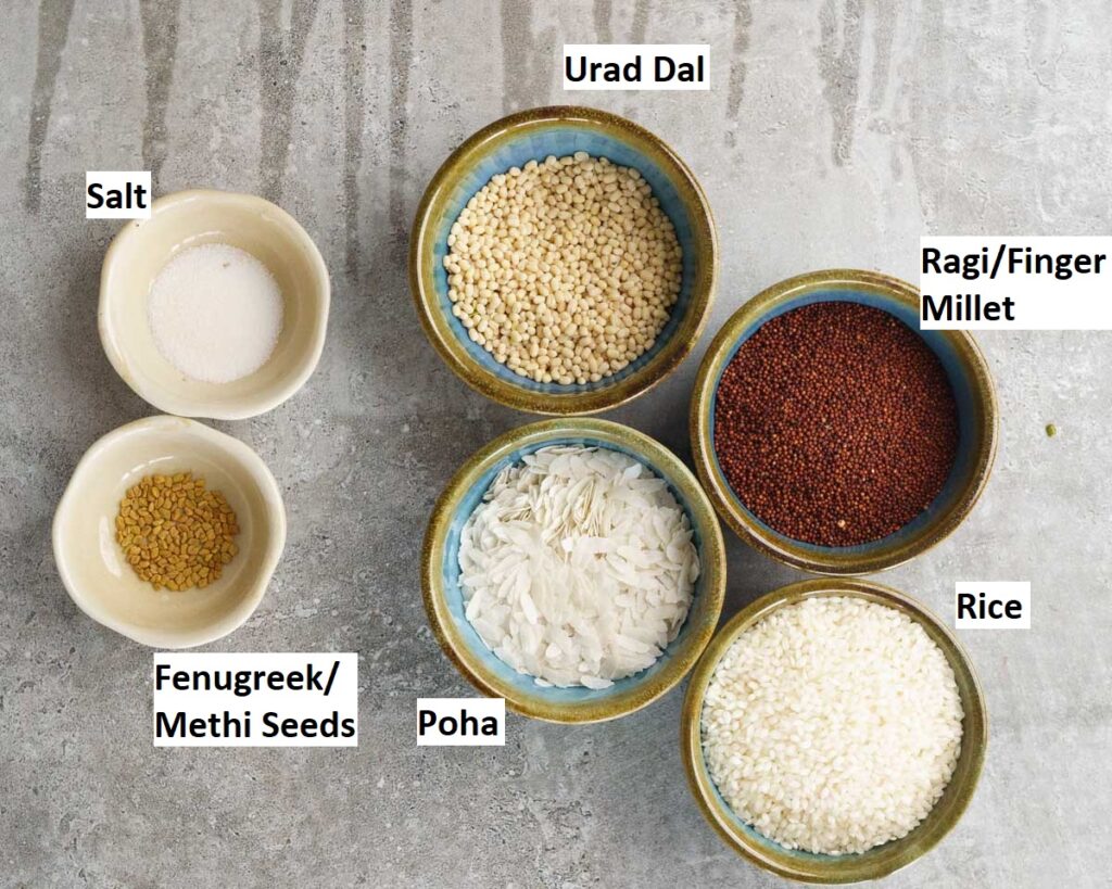 Ingredients for Ragi Dosa idli batter
Ragi
Rice
Urad Dal
Fenugreek Seeds
Poha