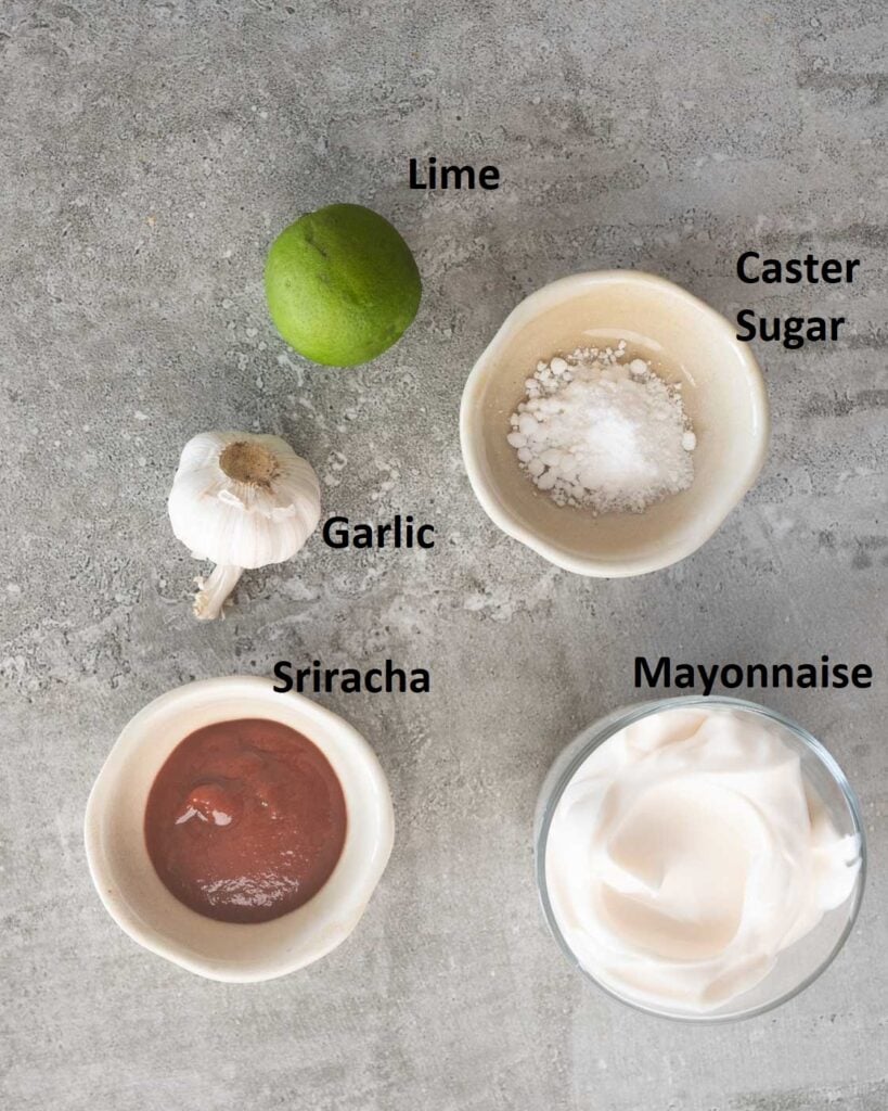 Ingredients for Garlic lime sriracha aioli Mayonnaise
Sriracha
Lemon
Garlic
Sugar