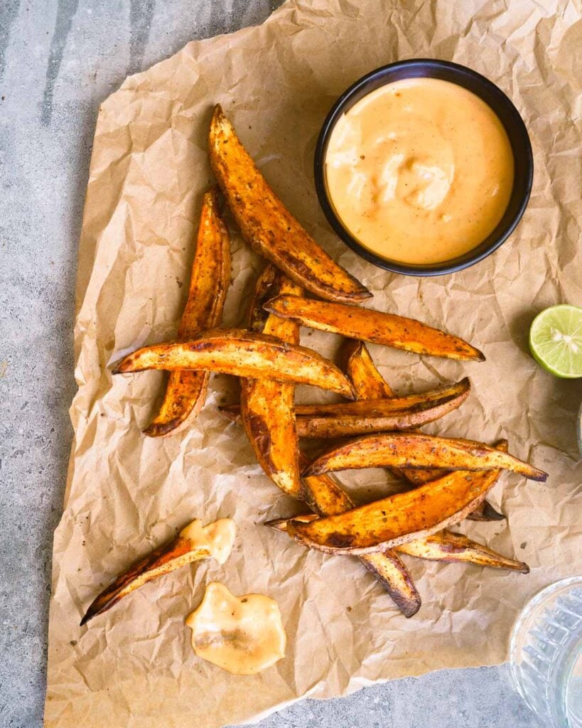 Sriracha Garlic Lime Aioli with sweet potato wedges