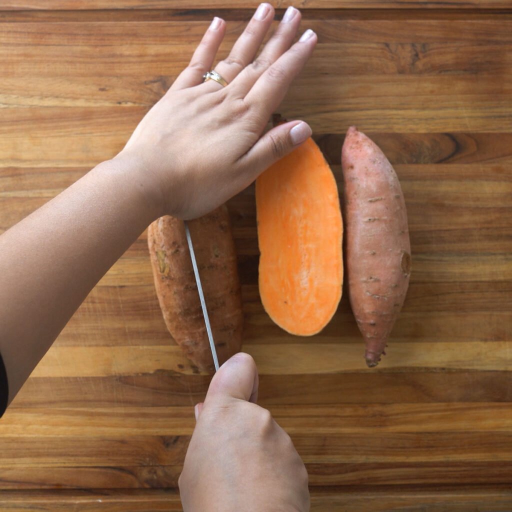 cutting sweet potato wedges