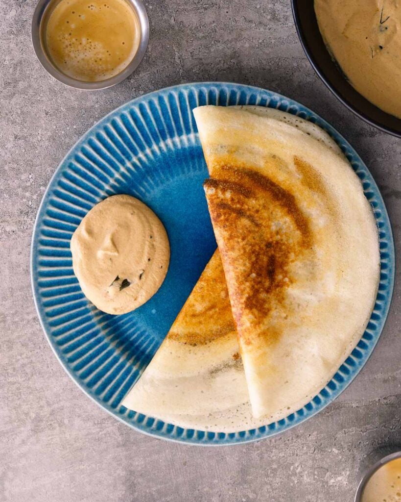 Peanut chutney served with dosa and filter coffee