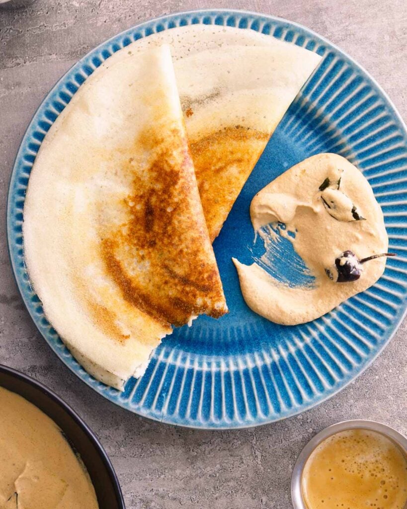 Peanut chutney served with dosa and filter coffee