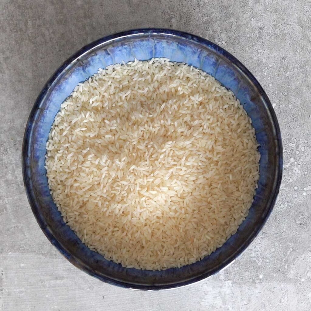 Short grain rice in a blue bowl