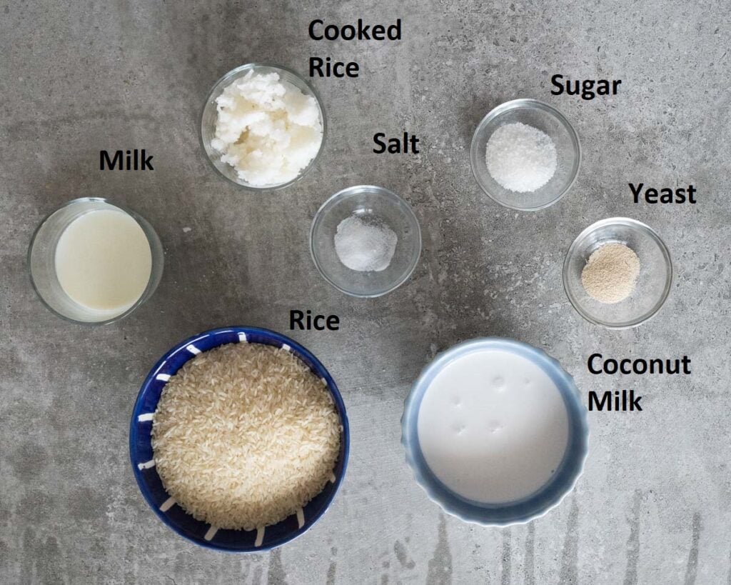 Ingredients needed to make Appam

Short Grain White Rice
Coconut Milk
Dry Active Yeast
Cooked Rice
Milk
Sugar
Salt