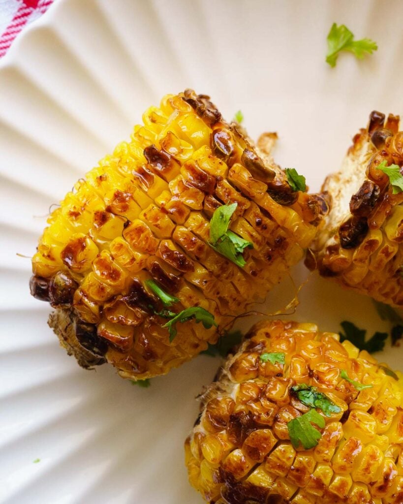 close up of corn on the cob on a white plate, garnished with cilantro