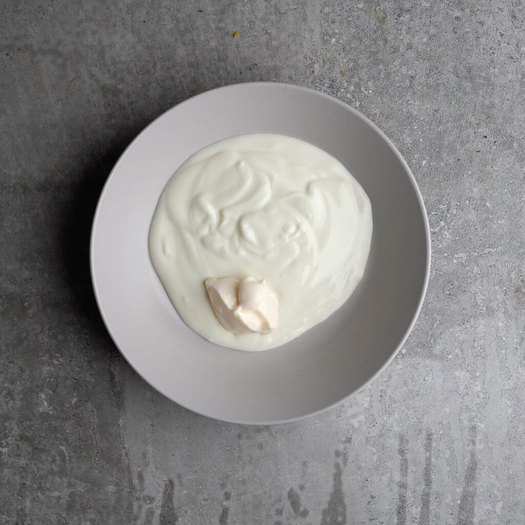 Yogurt and mayonnaise in a grey bowl