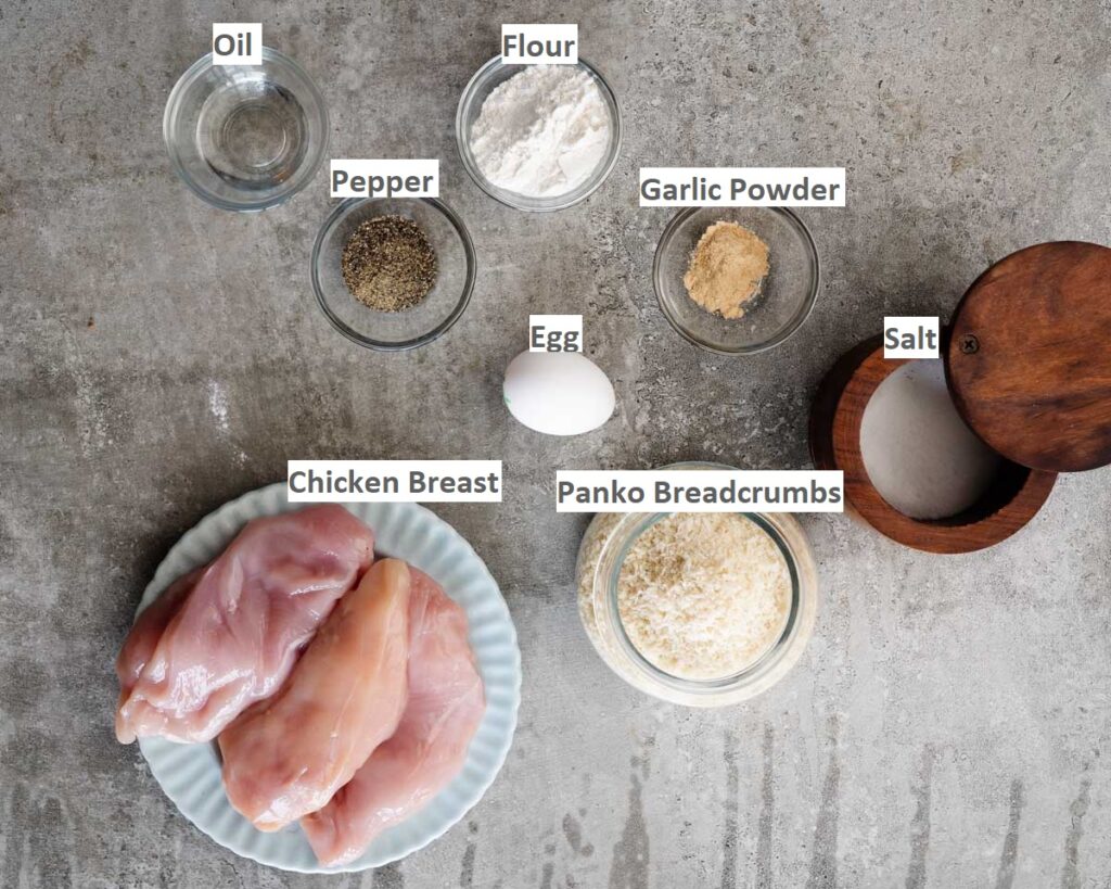 Ingredients needed to make Katsu chicken in the air fryer 
chicken breast, egg, panko bread crumbs, garlic powder, salt, pepper. flour &  Oil