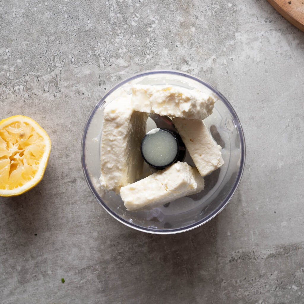 Feta cheese in a food processor