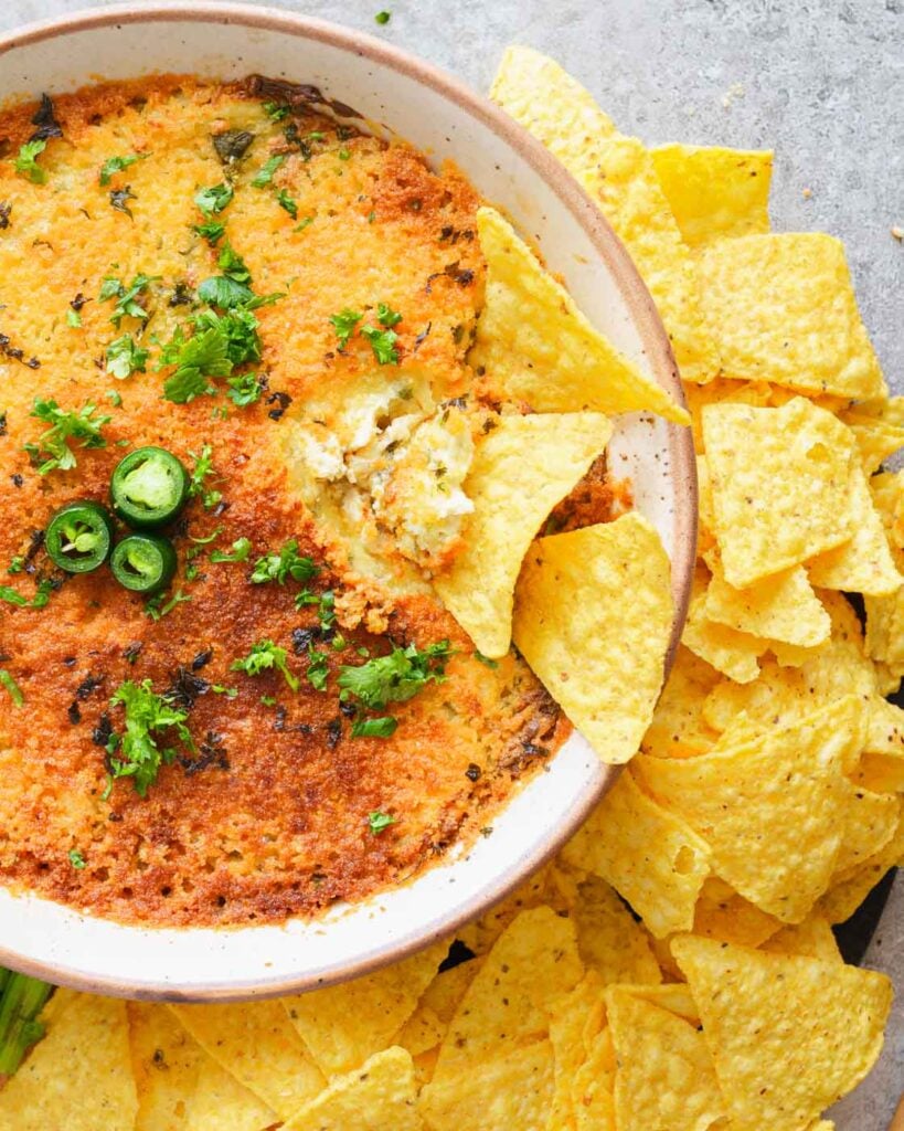 Close view of jalapeno chicken dip with chips