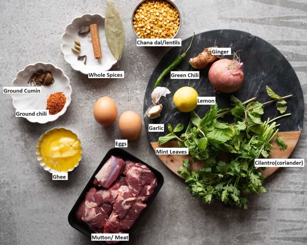 Ingredients needed to make shami kebab - mutton, ghee, chili, cumin, whole spices, chana dal, ginger, green chili, lemon, onion, garlic, mint leaves and cilantro