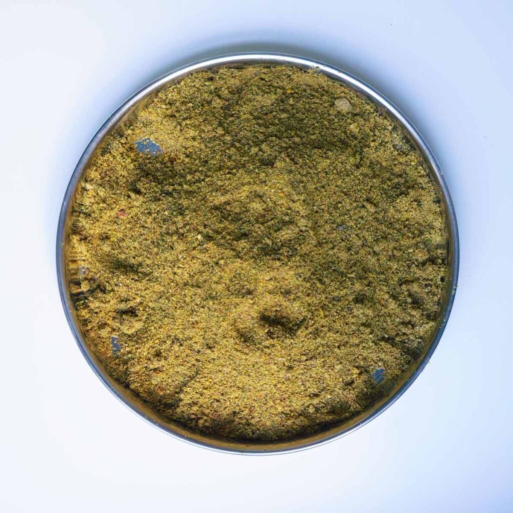 Curry leaf and flax seeds podi on a plate